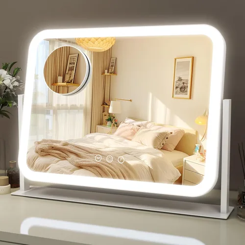 Miniatura 10 de ROLOVE Espejo de tocador con luces de 15 x 12 pulgadas, espejo de maquillaje iluminado con aumento de 10X, iluminación de 3 colores y brillo