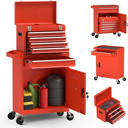 Miniatura 9 de Caja de herramientas rodante de alta capacidad de 5 cajones, caja de herramientas de almacenamiento extraíble con ruedas y cajones, caja