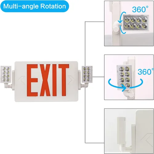 Miniatura 3 de Paquete de 1 letrero de salida con certificación UL con luces de emergencia, dos luces LED de emergencia de cabeza ajustable con batería, 120-277