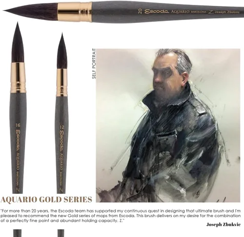 Miniatura 5 de Escoda Aquario Gold Series 1140 Joseph Zbukvic - Brocha para acuarela y acrílica, mango corto, trapeador redondo, pelo de ardilla natural Petit Gris