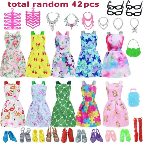 Miniatura 2 de 42 piezas de ropa y accesorios para muñecas, incluyendo 10 mini vestidos de moda, 32 piezas, zapatos, gafas, collares, bolsos, ganchos accesorios