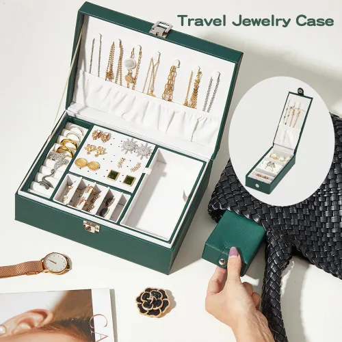 Miniatura 4 de BUTI4WLD Joyero, organizador de joyería de 2 capas con estuche de joyería de viaje, organizador de cuero sintético para aretes, anillos, collares