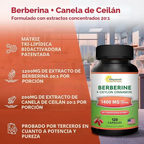 Miniatura 4 de aSquared Nutrition Suplemento de Berberina con Canela de Ceilán - Complejo de Máxima Potencia de 1400mg - 120 Cápsulas - Extracto en Polvo HCl