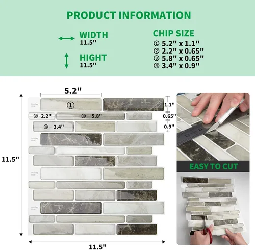 Miniatura 6 de LONGKING - Loseta en muro adhesiva para cocina con diseño de mármol (10 azulejos) (marrón claro)