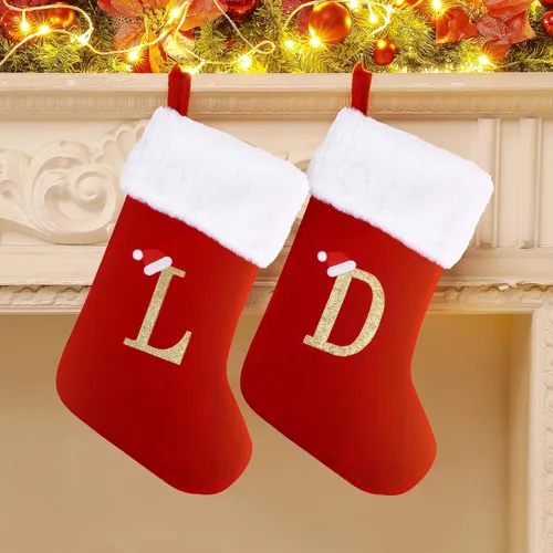 Miniatura 5 de Medias de Navidad con monograma de 20 pulgadas con letras, medias de Navidad grandes súper suaves, terciopelo rojo con puño de felpa blanco súper