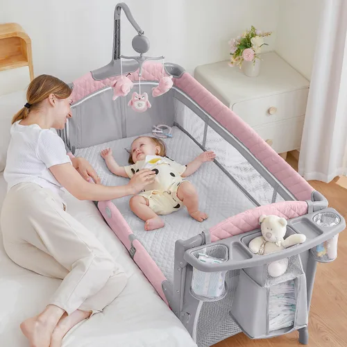 ADOVEL Cuna para bebé junto a la cama, juego de jugar con colchón, cambiador de pañales y corralitos desde recién nacido hasta niños pequeños, color
