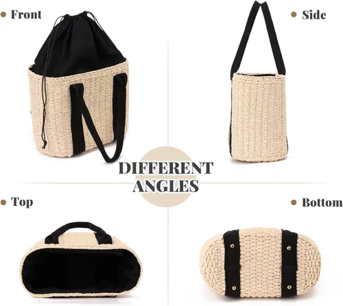 Miniatura 4 de Ynport Bolso grande de paja para mujer, asas de playa de verano, tejido a mano, bolso de hombro Hobo para viajes de compras