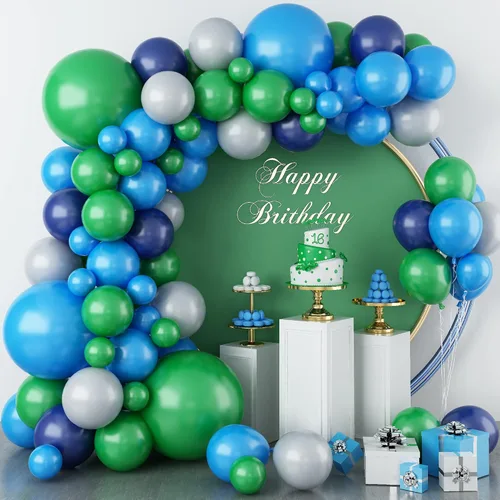 Miniatura 14 de Kit de arco de globos de fútbol con globos de papel de aluminio de fútbol 4D, globos de látex azul real, blanco, plateado metálico para baby shower