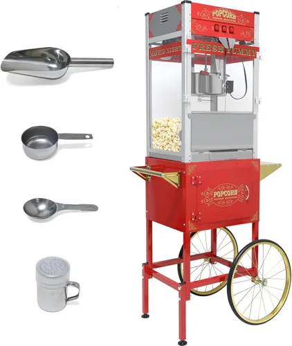 Miniatura 26 de Máquina comercial de palomitas de maíz con carrito y ruedas, máquina para hacer palomitas de maíz con hervidor de acero inoxidable de 24 onzas, Rojo
