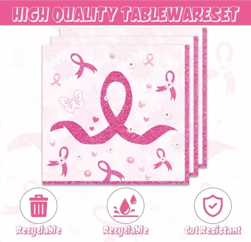 Miniatura 3 de 48 piezas de decoraciones para fiesta del cáncer de mama incluyen platos, servilletas, decoraciones para fiesta libres de cáncer para servir a 24