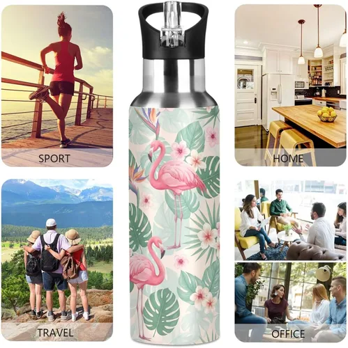 Miniatura 5 de Tropical Leaves Pink Flamingos Insulated Stainless Steel Water Bottle with Straw 32 Oz Leakproof Water Bottles, BPA-Free Sport Water Bottle