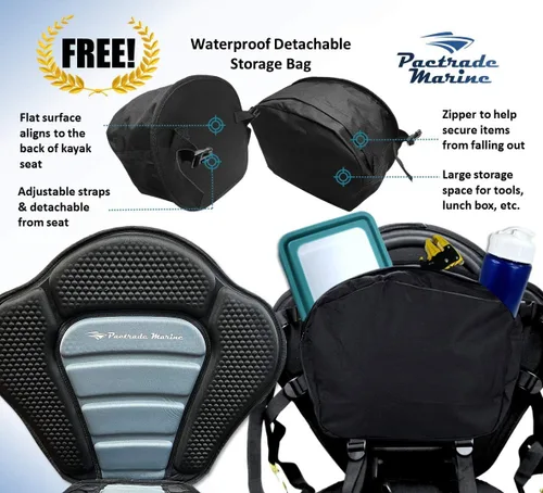 Miniatura 5 de Pactrade Marine Correas ajustables, color negro y gris, extra acolchado, asiento de kayak de lujo, bolsa de almacenamiento desmontable, respaldo