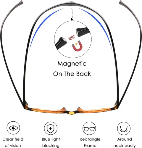Miniatura 3 de JM Paquete de 2 lentes de lectura magnéticos para hombres y mujeres, cuello colgante, bloqueo de luz azul, para lectura de computadora, color negro