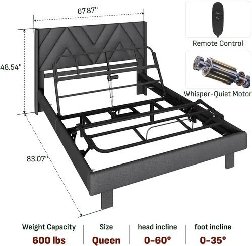 Miniatura 2 de Softa Estructura de cama queen todo en uno ajustable con cabecero tapizado, cama eléctrica con control remoto y motor silencioso, garantía de 10