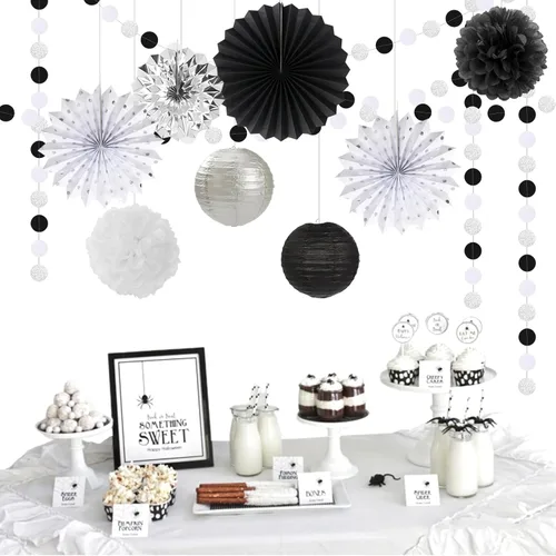Miniatura 4 de Kits de decoración para fiestas negro blanco-plata - 33 piezas, banderas, guirnaldas con borlas para graduación, pompones de papel de seda tipo