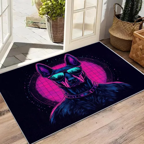 Miniatura 5 de Alfombras de neón para sala de juegos, alfombra de 2 x 3, alfombra de área Doberman, alfombra retro Cyberpunk lavable antideslizante, alfombra