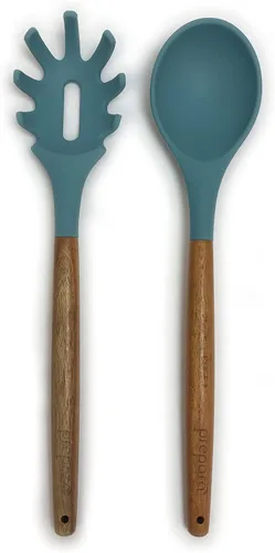 Miniatura 13 de Prepara Juego de 2 cucharones de sopa y cuchara ranurada de acacia y silicona, color verde espuma de mar
