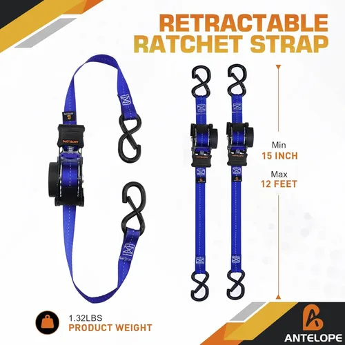 Miniatura 5 de Correas de trinquete retráctiles resistentes (paquete de 2) – Correas de amarre autorretráctiles de 1 pulgada x 12 pies con bucle suave, correas