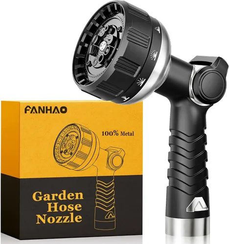 FANHAO Boquilla de manguera de jardín resistente, rociador de manguera de agua 100% metal con 10 patrones de pulverización, válvula de