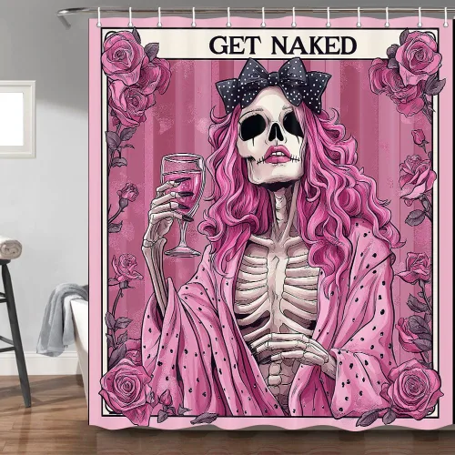 Divertida cortina de ducha de esqueleto de calavera rosa, para Halloween, gótica, rosa, rojo, rosa, floral, vino tinto, terror, terror, cortina de