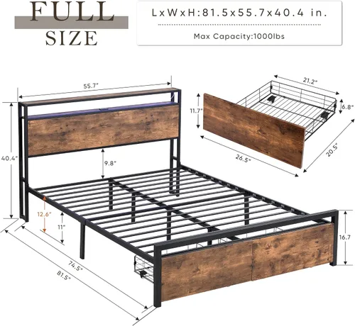 Miniatura 2 de HAUSHECK Base de cama LED de tamaño matrimonial con 2 cajones en ruedas, cabecera de almacenamiento, luces LED, puertos USB y tomacorrientes