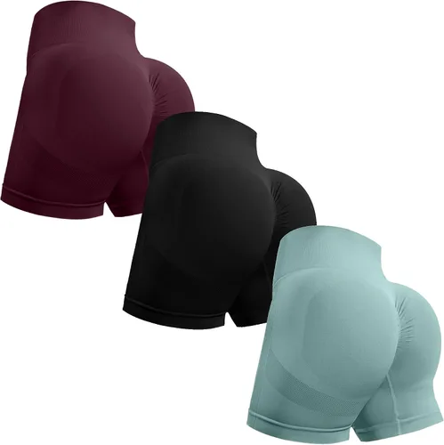 OVESPORT Pantalones cortos de entrenamiento de 3 piezas para mujer, sin costuras, con levantamiento de glúteos, cintura alta, para yoga, gimnasio,