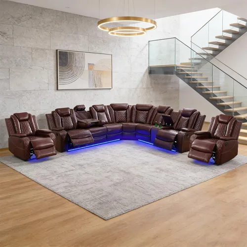 Miniatura 18 de Juego de sofá modular reclinable eléctrico para sala de estar, juego de sofá reclinable de cuero con luces LED / almacenamiento oculto, sofá