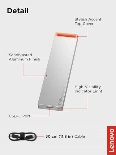 Miniatura 6 de Lenovo PS8S SSD portátil de 2 TB, hasta 1050 MB/s de lectura, escritura de 1000 MB/s, USB 3.2 USB-C, cuerpo de aluminio delgado y ligero