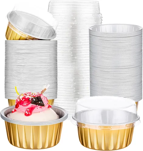 Miniatura 25 de Paquete de 200 Moldes de Papel de Aluminio para Hornear Cupcakes de 5oz Forros para Cupcakes Tazas de Postre con Tapas Moldes Desechables para Verde