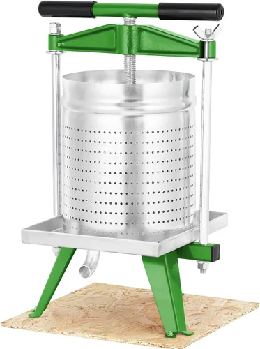 Prensa de frutas Mosakar de 4 galones/15 litros. Todas las piezas de contacto de jugo son de acero inoxidable AISI 304. Prensa de sidra de manzana