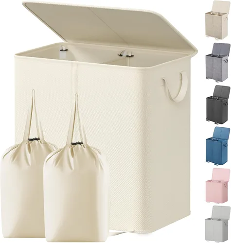 Miniatura 12 de Lifewit Cesta de lavandería doble con tapa y bolsas de lavandería extraíbles, gran plegable, 2 divisores, cesta de ropa sucia con asas para Negro