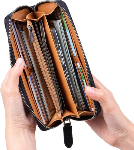 Miniatura 60 de VISOUL Cartera larga de cuero con cremallera para hombres y mujeres con bloqueo RFID, cartera larga de embrague grande con cremallera, Negro