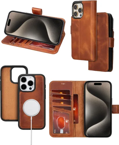 Bayelon Funda tipo cartera para iPhone 15 Pro Max, de cuero de grano completo, cubierta abatible magnética desmontable, tarjetero, funda tipo Marrón