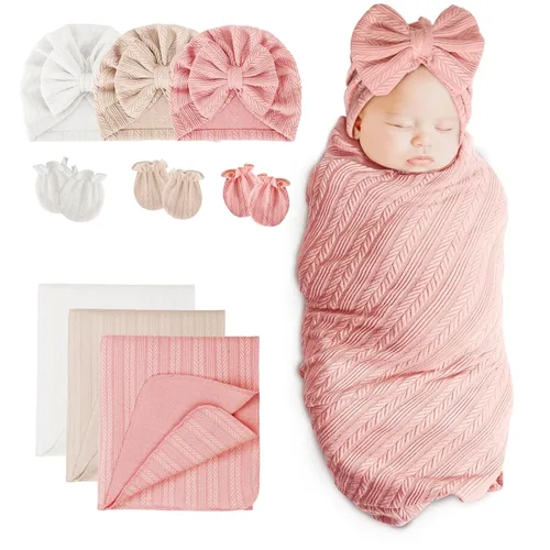 Miniatura 9 de DRESHOW BQUBO Manta para Recién Nacido con Sombrero de Moño y Guantes de Algodón, Manta de Envoltorio para Bebé Cálido, Saco de Dormir para Bebé