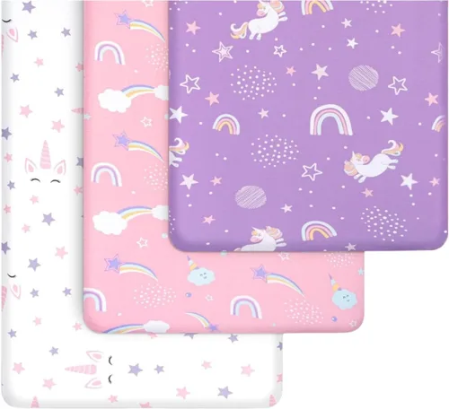 Miniatura 2 de GROW WILD Sábanas bajeras ajustables para cuna de unicornio y arcoíris para niña (paquete de 3), sábana bajera de algodón de jersey suave, colchón