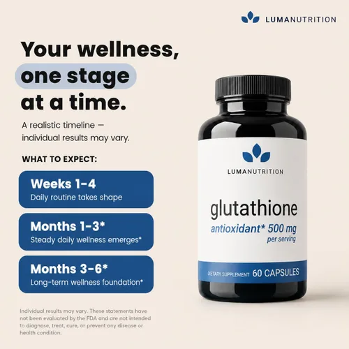 Miniatura 7 de Luma Nutrition Suplemento premium de glutatión - 500 mg - L-glutatión - Soporte antioxidante - Reducido - Soporte hepático - 60 cápsulas