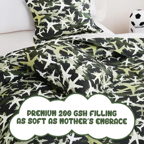 Miniatura 5 de Juego de colcha Yibeizi para avión para niños, tamaño individual, ropa de cama estampada en camuflaje verde para niños con funda de almohada, juego