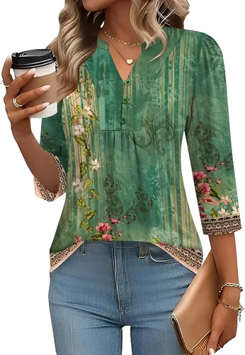 Miniatura 24 de IECCP Blusas de verano de manga 3/4 para mujer, estilo casual, cuello Henley, cuello en V, plisadas, ajuste holgado, blusas de trabajo