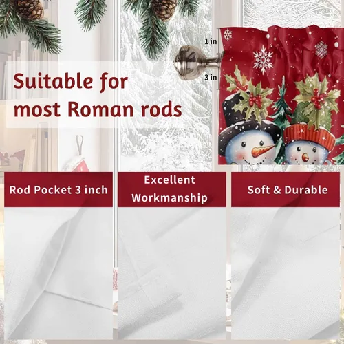 Miniatura 7 de Cenefa de muñeco de nieve de Navidad para ventanas de cocina, cenefas de invierno con bolsillo para barra, cortinas cortas, copos de nieve, bayas