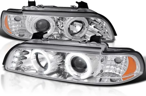 SPEC-D TUNING Faros delanteros LED de doble ángel con proyector, cromados, compatibles con modelos BMW E39 5-Series 1996-2003 sin faros OE de xenón,