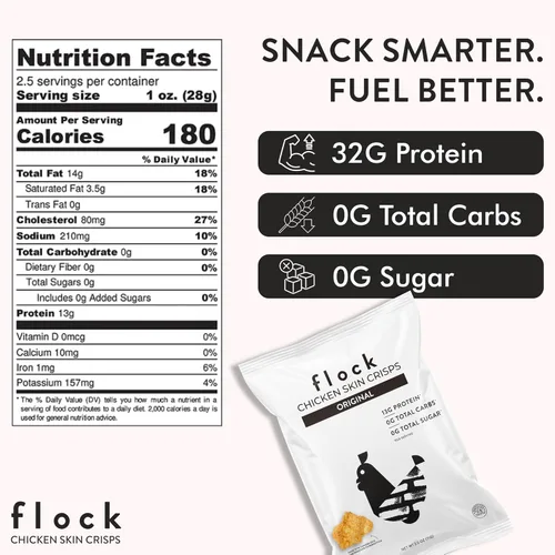 Miniatura 2 de Flock Chips de piel de pollo Keto – Sabor original, bajo en carbohidratos, alto en proteínas, chips crujientes de pollo sin gluten, aperitivo Keto