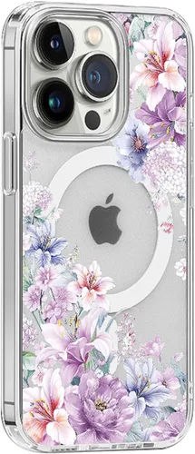 Miniatura 8 de Funda magnética transparente para iPhone 13 Mini [compatible con MagSafe Charger] patrón de estampado floral de flores, funda delgada antiarañazos