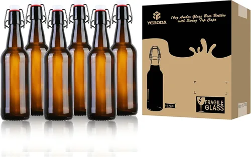 Miniatura 8 de YEBODA Botellas de cerveza de vidrio ámbar de 16 onzas para elaboración casera con tapas abatibles, caja de 6