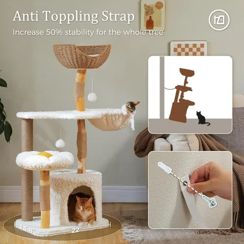 Miniatura 9 de PETEPELA Árbol Rascador Torre Moderno para Gatos Grandes con Percha de Flores, Postes Rascadores de Madera Maciza Natural, Árbol para Gatos Bohemio