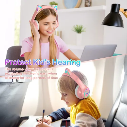 Miniatura 5 de LOBKIN - Auriculares Bluetooth 5.4 para niños con estuche - Orejas de gato plegables con luz LED RGB ajustables y supraaurales, soporte para modo