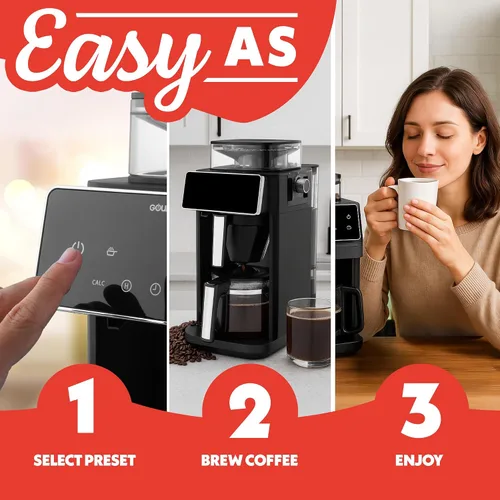 Miniatura 2 de Gourmia Cafetera de 10 tazas para moler y preparar - Molinillo de rebabas integrado, 3 fuerzas de preparación, pantalla digital programable, pausa