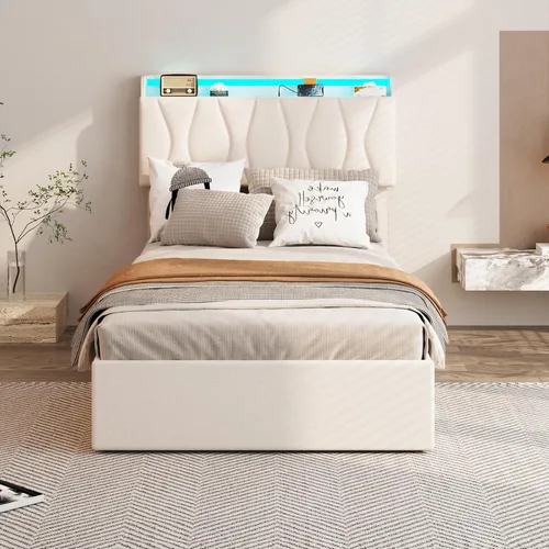 Miniatura 3 de Fameill Marco de Cama Twin con Almacenamiento Elevable, Cabecera Ajustable, Estación de Carga, Luces LED, Listones de Madera, Sin Ruido, No Requiere