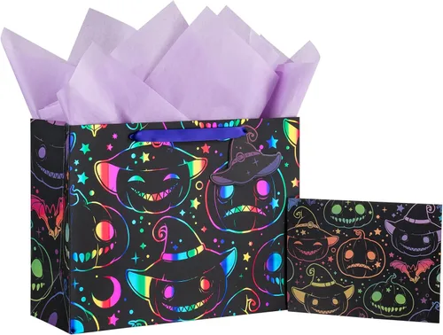LeZakaa Bolsa de Regalo Holográfica para Niños, Niños y Niñas, Sombrero de Bruja de Calabaza Malvada de Arcoíris en Diseño Negro con Papel de Seda y