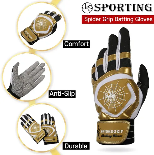 Miniatura 4 de J&S Sporting Spider Grip - Guantes de bateo de béisbol antideslizantes - Agarre antideslizante duradero para hombres y jóvenes jugadores Negro dorado