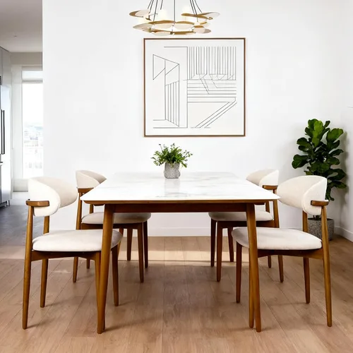 Miniatura 4 de Sillas de comedor tapizadas modernas, asiento de tela beige con patas de madera, sillas auxiliares de cocina contemporáneas, juego de 2